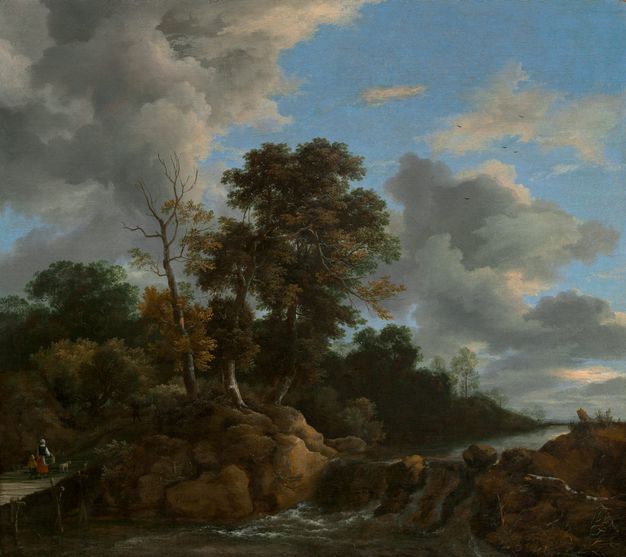 Painting. Tall trees at the centre of this square landscape mark the transition from a forest, to our left, to a river flowing from our right into a small waterfall at the centre of the composition. The horizon comes about a quarter of the way up the composition. There are towering grey clouds against a bright blue sky above.