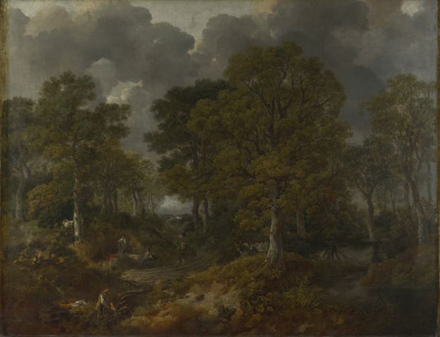 Painting. Shadow falls across a forest. People walk along or sit alongside a path cutting through tall trees, and a placid river winds towards us to our right. A bank of steel-grey clouds fills in most of the sky above.