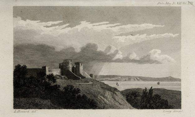 Print. A fortified gateway and high walls sit atop a rocky promontory above an expanse of water. A shower of rain appears to be falling over the fortification, while the distant water is in bright sunlight.