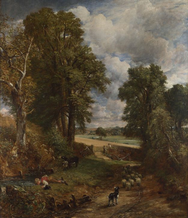 Painting. A dirt path by the side of a small rippling stream twists away from us through banks of tall trees in this vertical landscape. A black dog urges sheep along the path as a boy lies on his stomach to drink from the stream. The view opens onto fields under a high sky between the trees.