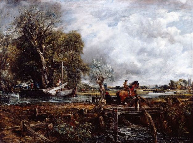 Painting. A river flows through a wide, flat landscape, running from left to right across the image. A barge with a lowered sail is on the river to our left. A bank of trees behind the barge is outlined against the cotton-white clouds and light blue sky above. In the lower right quadrant of this landscape, a chestnut-brown horse jumps over a barrier on a bridge and heads towards the right of the picture.