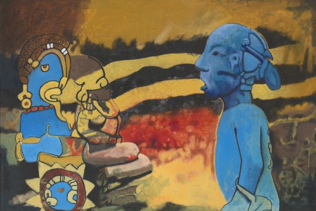 Painting. Two pre-Columbian forms seem close to us, in front of bands of mostly black and gold with one area of red. The form to our left is outlined in black and filled in with flat areas of bright blue, brown, warm white, or golden yellow. The figure to our right, which is entirely bright blue, faces our left in profile.
