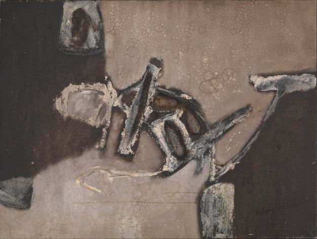 Painting. A diagonal expanse of concrete grey is bordered by areas of black at the upper left and lower right in this horizontal, abstract painting. Bone grey shapes mark points along the boundary between the colours. A form in ash white, black, and grey at the centre of the composition could be an abstracted human, perhaps looking or reaching down.