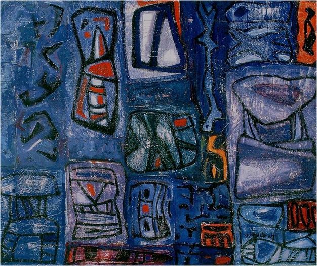 Painting. This abstracted composition is made up of vertical zones mostly in lapis, navy, and indigo blue. Black outlines create totem-like symbols, which are punctuated with scarlet red, white, or orange.