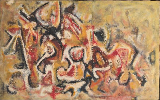 Painting. Black and white lines create a frenetic web over abstracted human forms and a laurel and sage green background in this horizontal composition. The human forms are mostly vertical and often contorted. Touches of copper brown, blood red, and dark yellow break up the predominantly green palette.