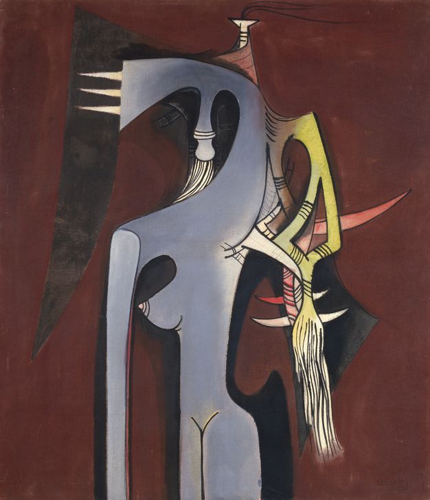 Watercolour. A white and black skeletal form is against a background of ruby and rust red.