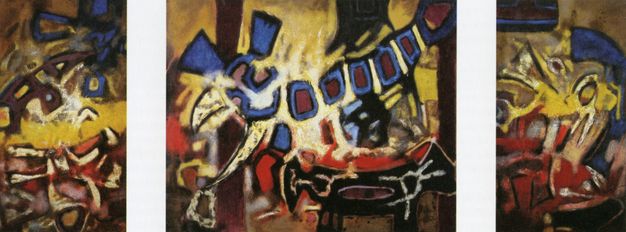 Painting. White paint flickers over azure blue and garnet red shapes clustered at the centre of this horizontal, abstract composition. The black, pale blue, and grey areas around this are hazy, as if out of focus.