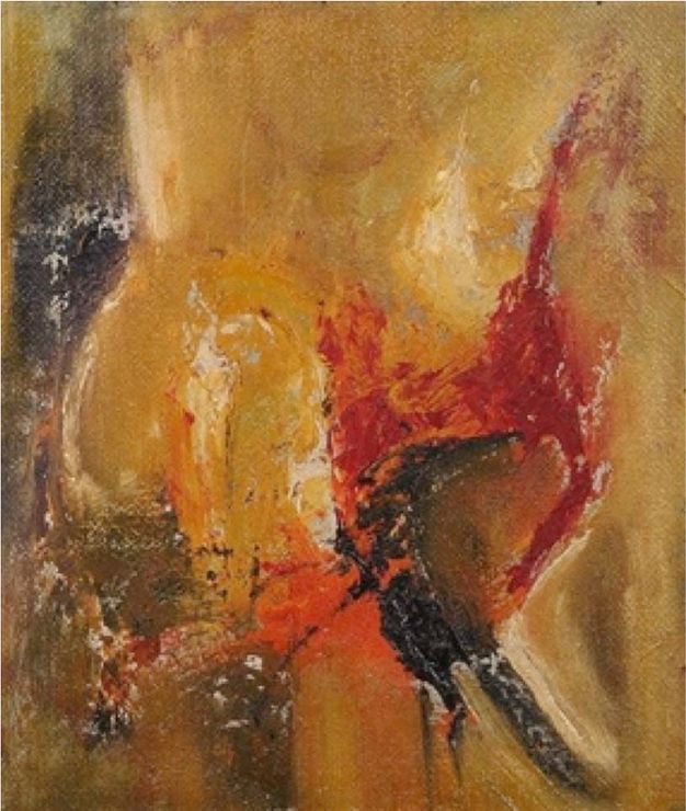 Painting. Abstract, blended areas of deep yellow, pumpkin orange, scarlet red, off white, and black create the impression of fiery, golden lava.
