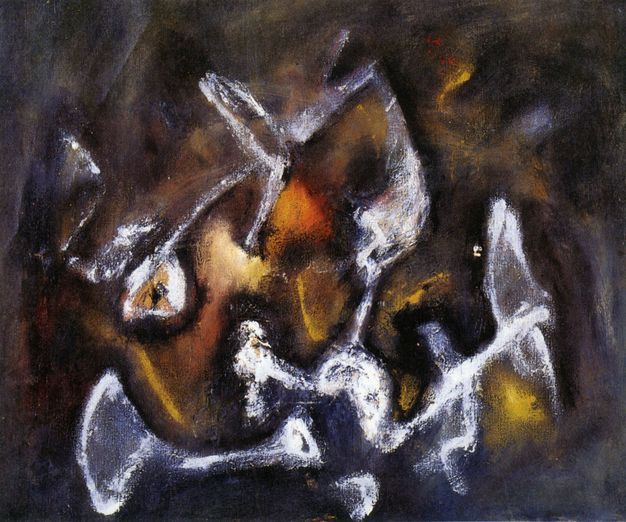 Painting. White forms like bones, stones, glyphs, or marbling emerge from a field of blended earth brown and pewter grey. Touches of deep orange and saturated yellow glow like embers around the white forms.