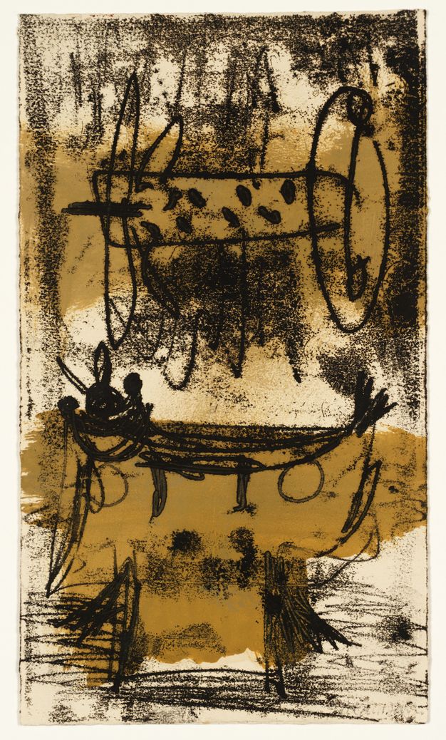 Print. Black outlines of abstracted forms are against a background of khaki brown swipes and black smudges on a vertical sheet of cream white paper.