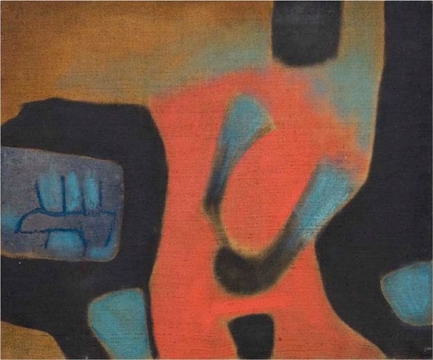 Painting. A hazy field of crimson red swells up from the bottom centre of this nearly square abstract composition. Hemmed in on each side by harder-edged black fields, the top of the red dissipates and merges into areas of turquoise and harvest brown. A rectangular form in the black field to our left is like an abstracted fist or mouth with teeth.