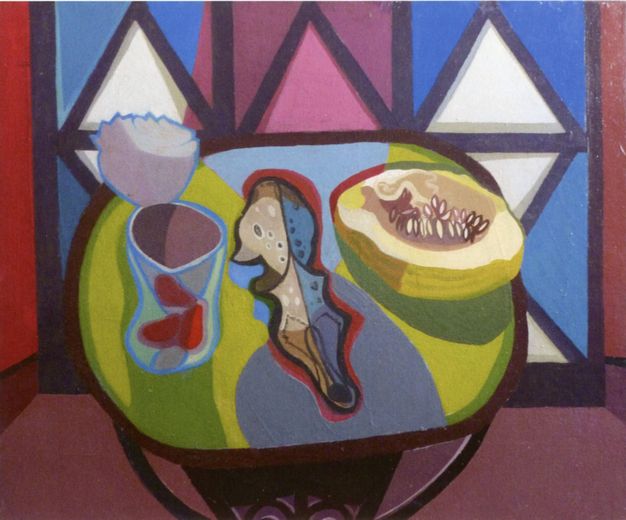 Painting. A table is laid with a melon, open can, and a bone or fish-like object in this abstracted still life composition. The table and objects are painted in tones of lemon-lime green, sky blue, brick red, grey, and pale yellow. The background is geometric shapes in rose pink, azure blue, white, and red.
