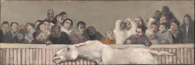 Painting. A white horse runs with its head thrust far forwards and its ears flat back along a railing with a crowd behind it in this long, horizontal composition. About thirty people there are loosely painted and some of their features are exaggerated or smudged.