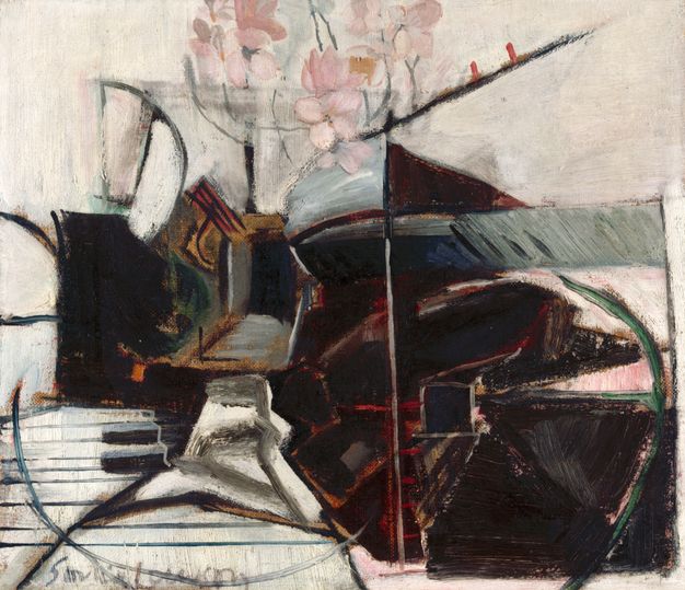Painting. A far-off black doorway is surrounded by abstracted, angular forms in this nearly square composition. Black and white strips near the lower left are reminiscent of a piano keyboard. A spray of pale pink flowers at the top centre is against a field of off-white.