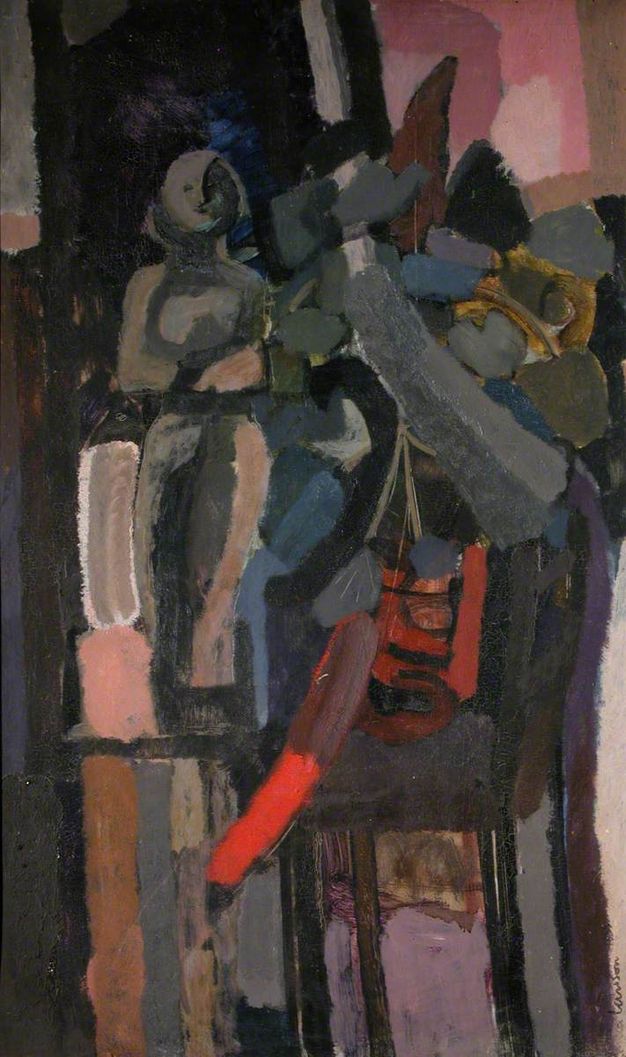 Painting. Broad strokes of charcoal grey, soft blues, black, red, and purple make up this abstracted vertical work. A grey figure stands towards the upper left, and a flash of bright red in the lower half of the canvas stands out against the generally muted colours.