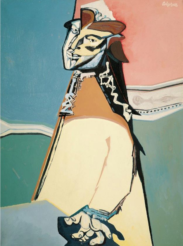 Painting. An abstracted woman facing to our left is shown against areas of pale blue, pink, and green in this vertical composition. Her angular face is heavily outlined and exaggerated with a long nose and pointed chin. Her large, muscular left hand is spread near her hip. Her garment is tawny brown and cream white.