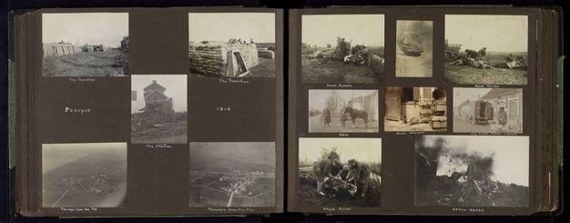 Black and white photographs. Sixteen photographs are arranged across two pages of an album. They show mostly individuals, pairs, or small groups of people. Each is labelled in white on the black paper.