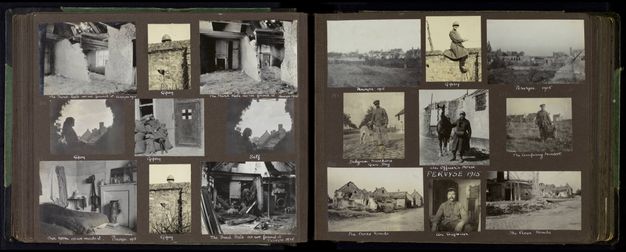 Black and white photographs. Eighteen photographs are arranged across two pages of an album in two grids of three by three. The images include portraits, towns, landscapes, and interiors. Each is labelled in white on the black paper.