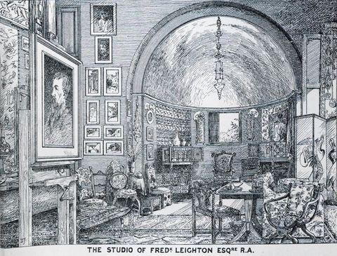 Illustration. A densely furnished and decorated room has a semicircular apse with a half dome across from us. In close foreshortening, a portrait painting is on an easel to our left.