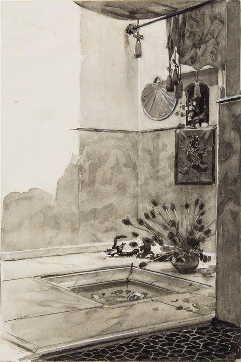 Drawing. An enclosed courtyard is hung with a fan and cloth, possibly embroidered, of a koi fish. Long-stemmed flowers spray from a low pot near a basin set into the pavement. The scene is painted with grey ink and washes.