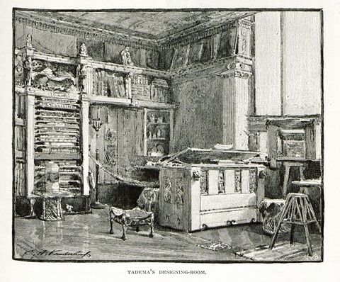 Illustration. An angled drafting surface on a large, elaborately carved base sits in a densely ornamented room. The walls are lined with tall, built-in bookcases and assorted shelving with ornate moulding and cornicing. The shelves are filled with books, portfolios and various ornaments. Text printed below reads, “Tadema’s Designing-Room”.