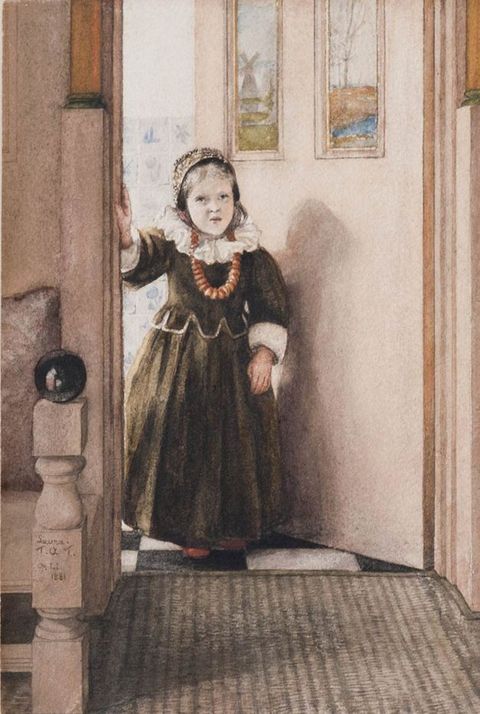 Watercolour. A young child wearing a long, dress-like garment stands in an open doorway, one hand on the jamb. Their nose is scrunched and lips pursed as they look up.