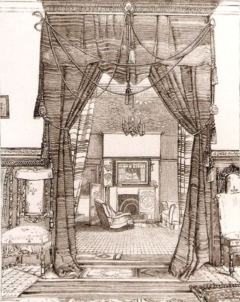 Illustration. This black and white image shows layered curtains opening onto a room with works of art, including fans, arranged around a fireplace. A chandelier hangs above, and area rugs make a field of patterns across the floor.