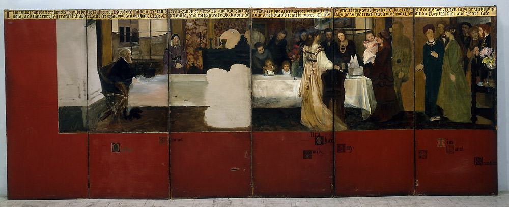 Painting. A banquet scene with about twenty pale-skinned women, men, and children spans six wooden panels. In the painting, a grey-haired man sits at the left end of a long table covered in a shiny white tablecloth. Others stand or sit at the table, mostly clustered around the other end. More enter the room from a doorway to our right. The women wear long gowns, and the men wear suits.