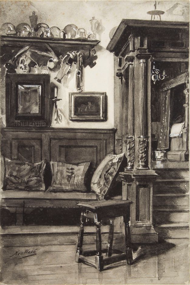 Black and white photographs. Two views show a vaulted room with carved mouldings. In the image to our left, we look down into a corner of the room where two ceiling arches meet. A curved couch lines one wall, and on the other is an alcove backed by windows. The photograph on our right is taken from the opposite direction, looking from the same corner upwards from floor level to a balcony above.