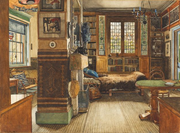 Watercolour. A young child wearing a long, olive-coloured dress and a large necklace stands in an open doorway, one hand on the jamb. Her nose is scrunched and her lips are pursed as she looks up.