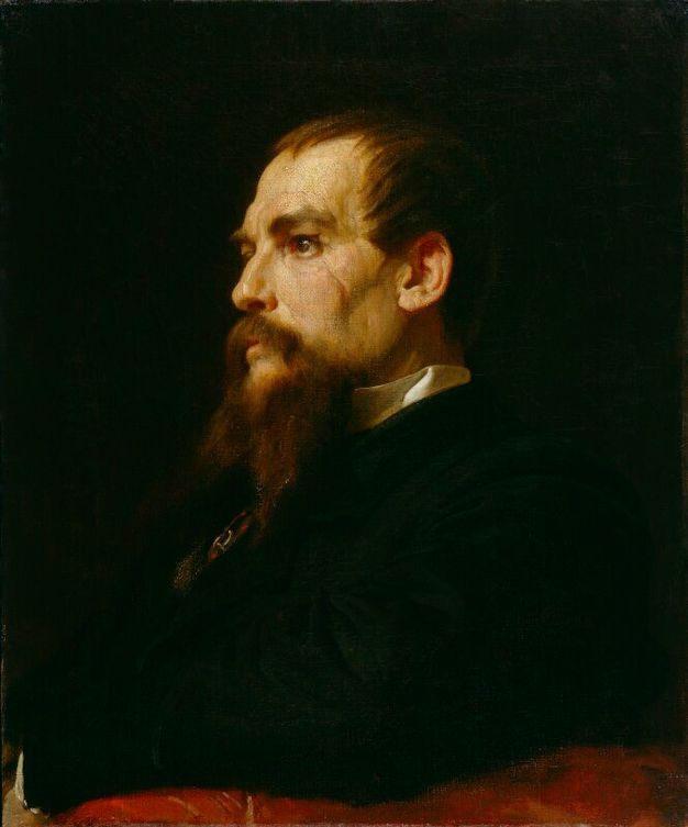 Painting. Shown from the chest up, a pale-skinned man sits facing our left almost in profile. His brown hair is combed forwards, and he has a long, forked beard. The black background sets off the ridge of his eyebrow, his bumped nose, and the network of wrinkles and a scar down his cheek.