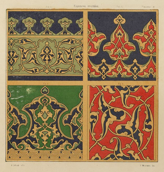 Illustration. Four vegetal and scrolling tile patterns are printed in midnight blue, mint and grass green, red, and black in a grid of two by two.