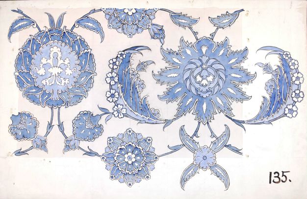 Illustration. Design of pale and intense blue flowers against a white background. The sheet is numbered “135” in black in the lower right corner.