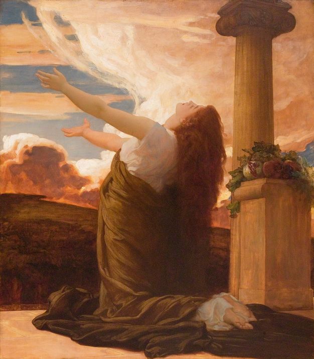 Painting. On a patio or pavement, a woman on her knees throws her head back so her copper-red hair pours down her back. Her arms are stretched out, palms up, and her face turns to the bronzed sunset. A swirl of peach-infused clouds in the sky seem to spiral up over her.