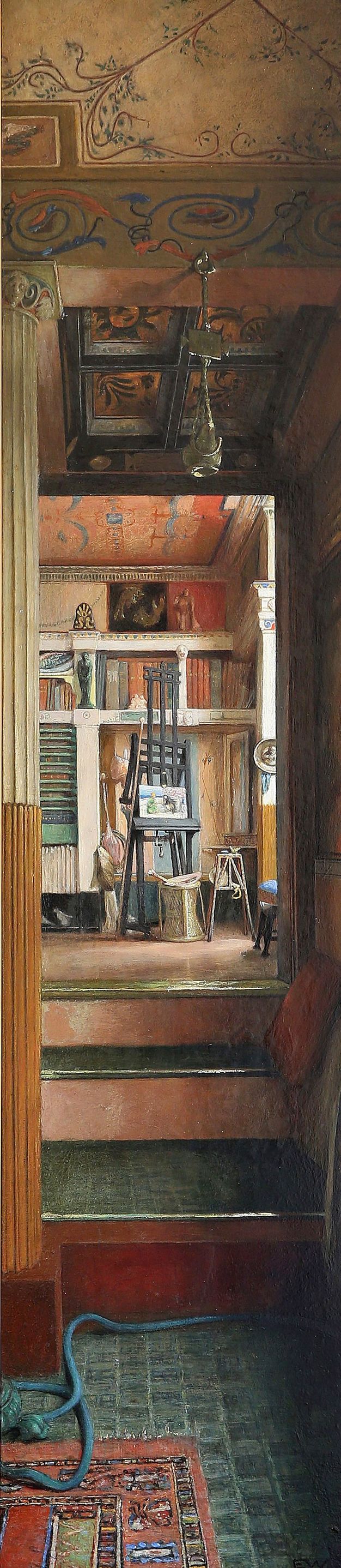 Painting. This tall, notably narrow painting shows a hall leading up a few stairs to a studio space, where an easel sits next to a window. A patterned carpet lies over a tiled floor close to us, and we look up into the panelled ceiling over the hallway.