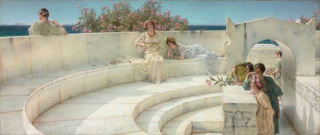 Painting. Dappled shadows fall across a curving, white stone bench that spans the right half of this wide composition. A woman sits near the end of the bench, across from us, wearing mauve-pink and fawn-brown robes. A pool set in white marble is to our left. People gather and or dance across the grassy lawn beyond.
