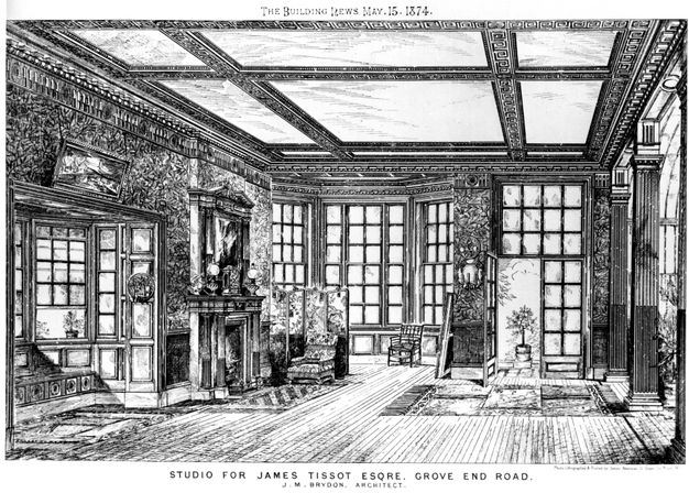 Illustration. An expansive room has a wall of windows opposite us and a deep bay of windows to our left next to a fireplace with an ornate mantle. Panelling or textured wall coverings fill nearly every other surface under a panelled, tray ceiling.