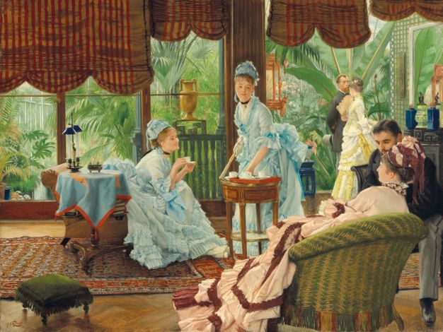 Painting. Four women and two men, all with pale skin, sit or stand in and just outside a window-lined parlour. Inside, where we are, patterned area rugs overlay patterned wood floors. Striped curtains line the windows. A wide door opens to our right into a plant-filled conservatory.