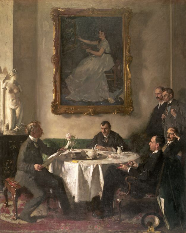 Painting. Six pale-skinned men wearing suits and most with moustaches sit or stand around a round table covered with a white cloth and a tea set. A full-length life-sized painting of a woman in a gold frame hangs over the table.