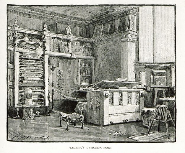 Illustration. An angled drafting surface on a large, elaborately carved base sits in a densely ornamented room. The walls are lined with tall, built-in bookcases and assorted shelving with ornate moulding and cornicing. The shelves are filled with books, portfolios and various ornaments. Text printed below reads, “Tadema’s Designing-Room”.
