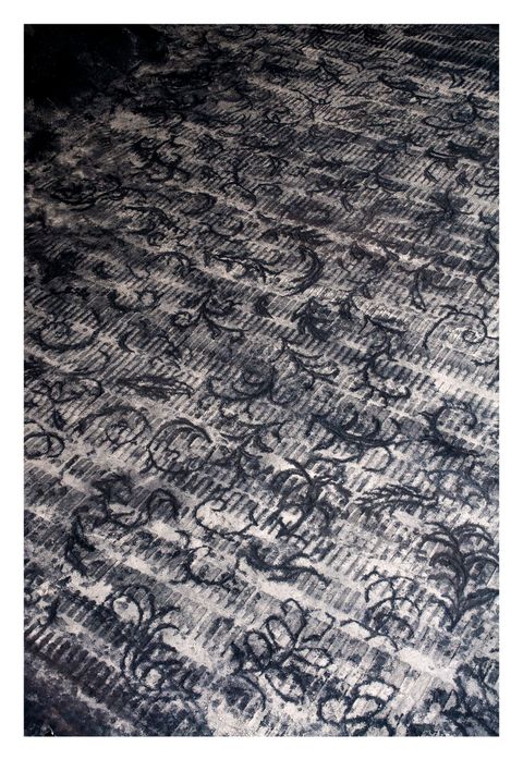 Black line drawings of leaves and curling stems are sketched into a ground covered with stone dust and then bulldozed to create long rows of short parallel lines. The drawn leaves span the track marks like a pattern across the weft and warp of a carpet.