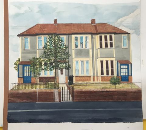 Watercolour. A muted olive-green house with pale yellow trim sits on a rise surrounded by a brick retaining wall. Two blue doors are at either end of the structure, and a white door is left of centre. An evergreen grows in front of the white door, and a few other bushes are spaced across the lawn.