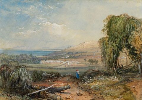 Watercolour. A strip of land in front of us has scrubby growth around patches of dirt and spiky plants. A man wearing a long blue garment and red cap walks away from us at the centre of the composition. A flat expanse separates us from rolling hills beyond.