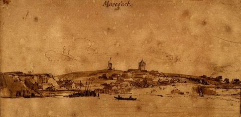 Drawing. Sketched with brown ink on yellowed paper, water separates us from a town nestled along the foot of a low swell on the far bank. A rowboat is a dark silhouette near the bottom centre of the picture, and a windmill and steeple are outlined above the horizon line.