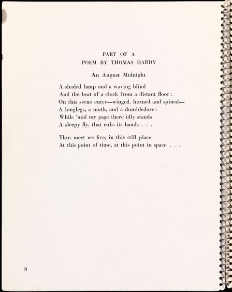 Page of a book. Black text against a white page begins, “Part of a Poem by Thomas Hardy”. Eight lines of a poem titled “An August Night” are printed below.