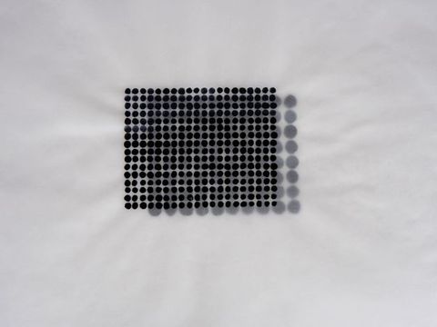 Painting. A grid of black dots, twenty across and sixteen down, is painted on tracing paper. This translucent sheet is laid over another painted with a grid of ten by eight dots. Each dot on the second page is twice as big as those in the first set.