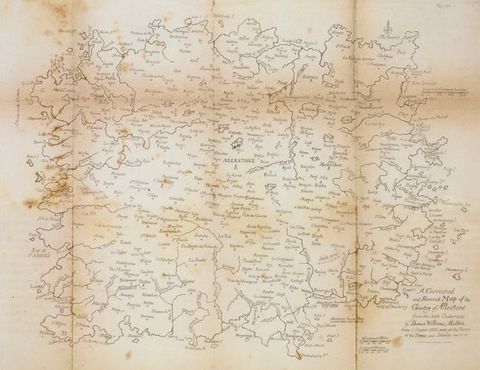 Map. A roughly square-shaped piece of land is titled in the lower right corner. Town names are too small to read in this image.