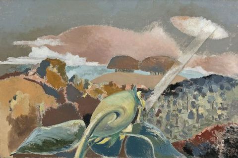 Painting. A sunflower faces away from us against a distant, loosely painted landscape. A ray of light shines between a gap in the clouds from the top right.