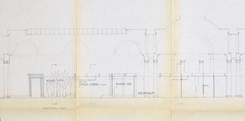 Drawing. Elevation shows the exhibition design showing the architectural features with a few hand-written annotations.