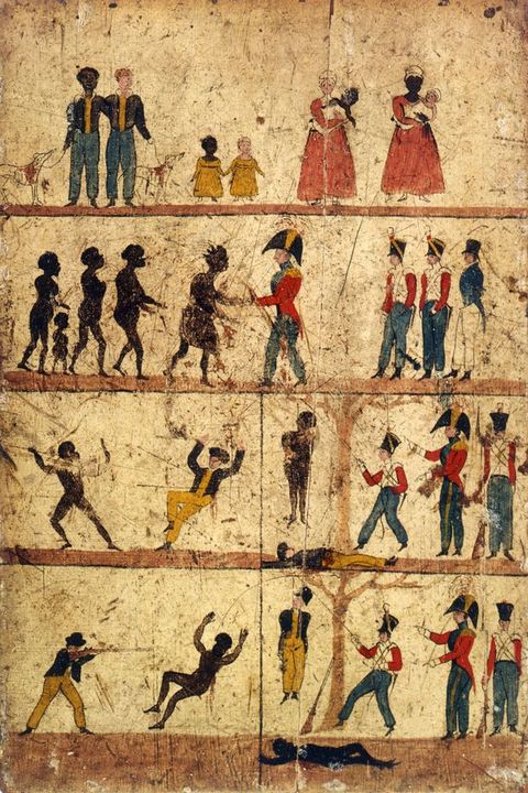 Four registers illustrate interactions between pale-skinned people and dark-brown skinned people. At the top, two men, two children, and two women holding babies alternate ethnicities so an Indigenous and white man stand together, an Indigenous and white child, and so on. The second register shows a white man in military uniform shaking hands with an Indigenous man. The third shows an Indigenous man killing a white man and being hanged. The bottom shows a white man killing an Indigenous man and being hanged.
